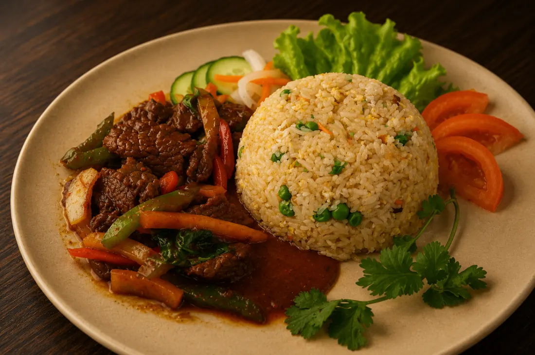 Bœuf saté au basilic accompagné de riz sauté