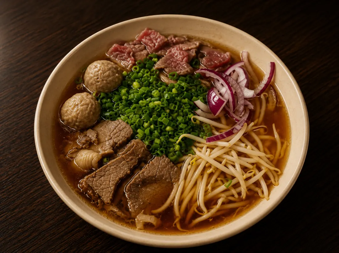 Bol de pho garni de bœuf, boulettes et pousses de soja