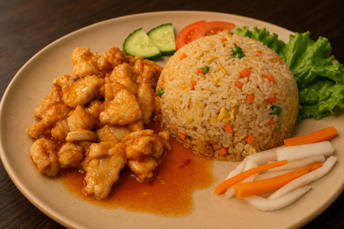 Poulet croustillant nappé de sauce aigre-douce avec riz sauté