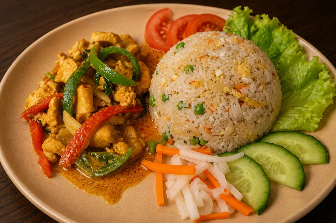 Poulet au curry rouge avec légumes et riz sauté