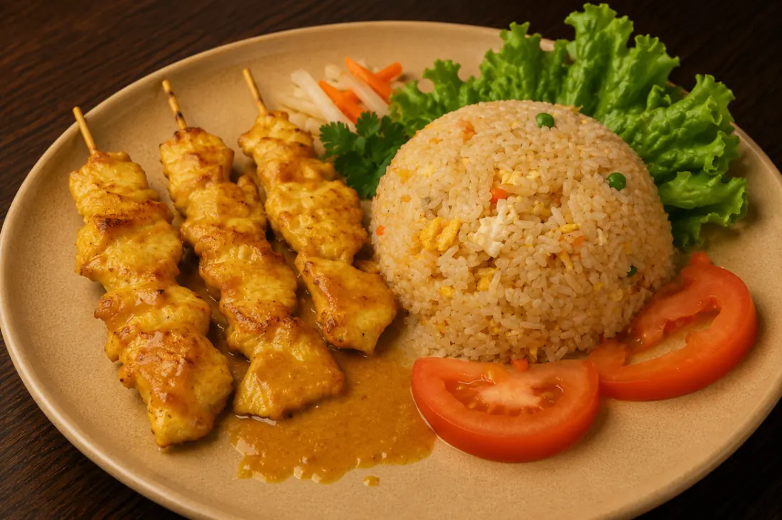 Brochettes de poulet saté avec riz sauté et crudités
