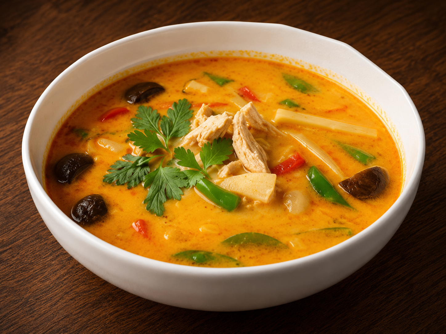 Soupe de curry rouge au poulet et légumes dans un bouillon onctueux