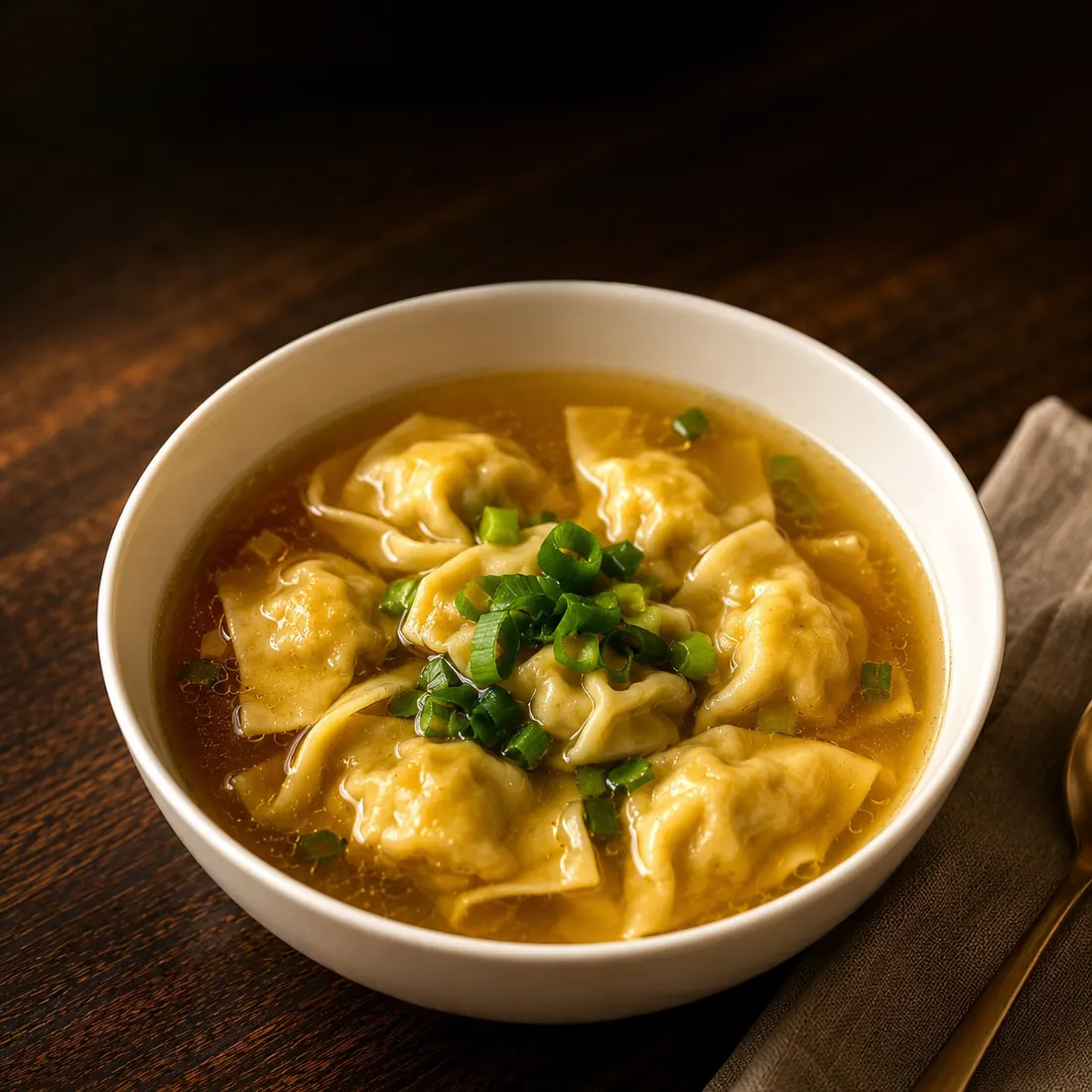 Soupe de raviolis aux crevettes servie dans un bouillon clair