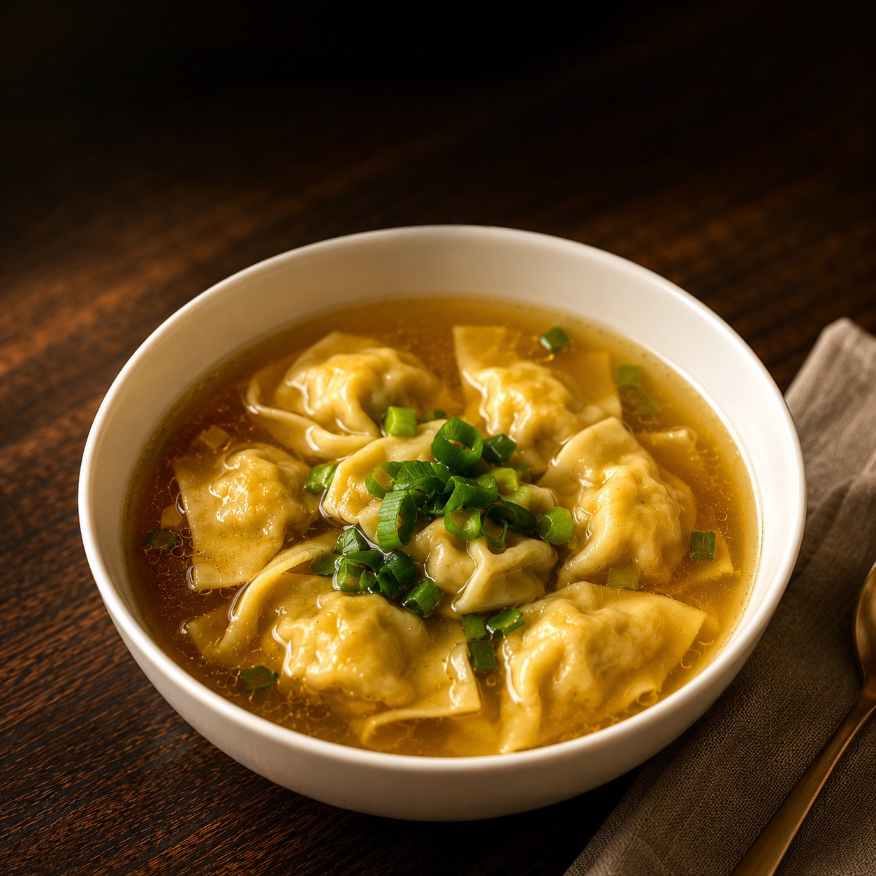 Soupe de raviolis aux crevettes servie dans un bouillon clair